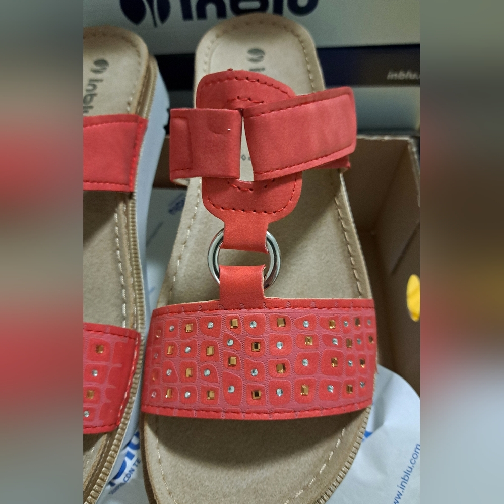 COMFORT FOOTBED embellished SUEDE SANDALS brand new SLIP-ON inblu Red/Coral - Picture 4 of 8